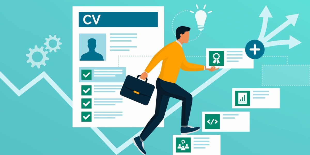 Man adding skills to his CV and increasing his employment opportunities, reskilling and upskilling concept